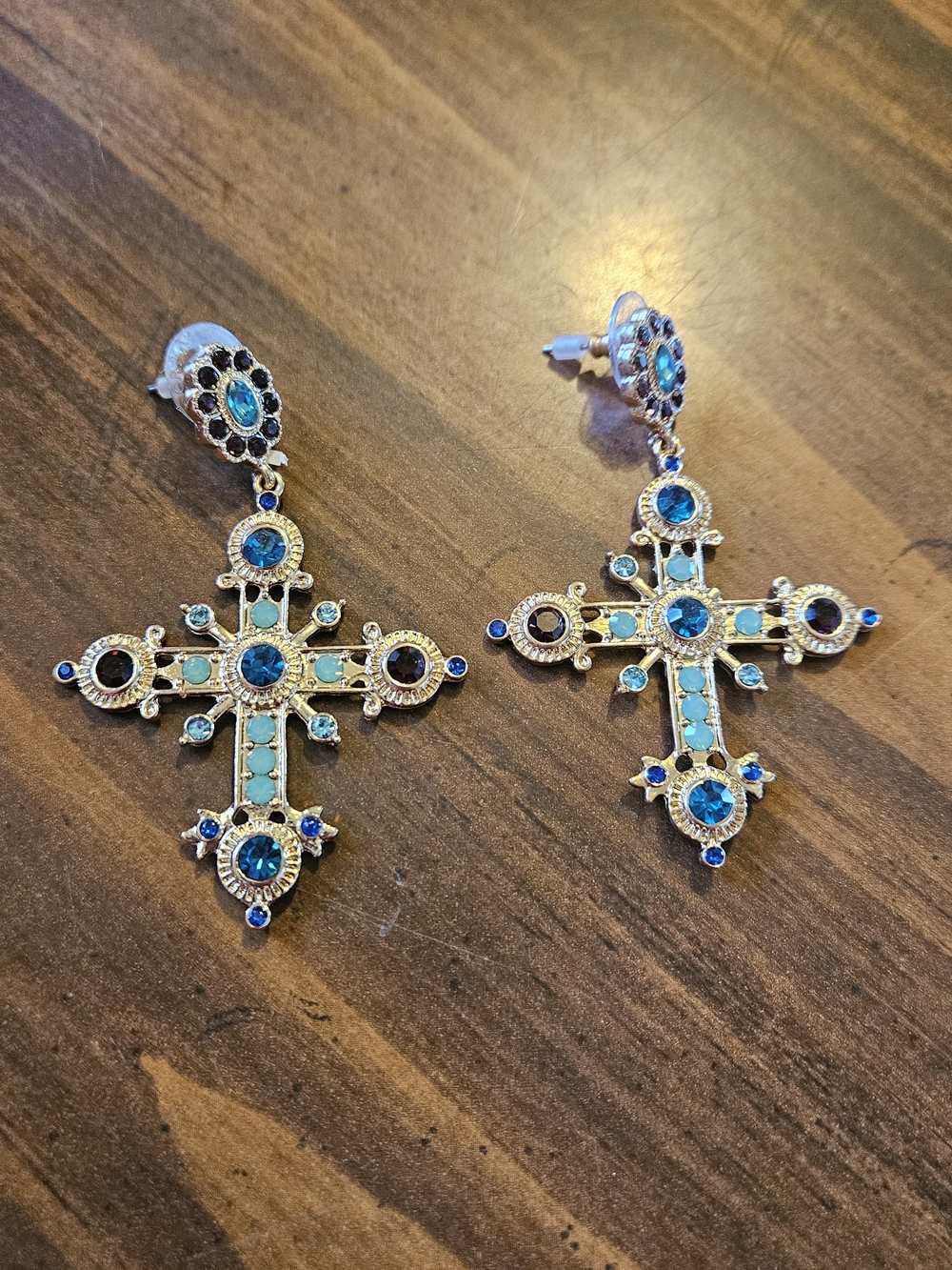 Gold-Tone Blue Cross Drop Earrings - Women's Jewelry